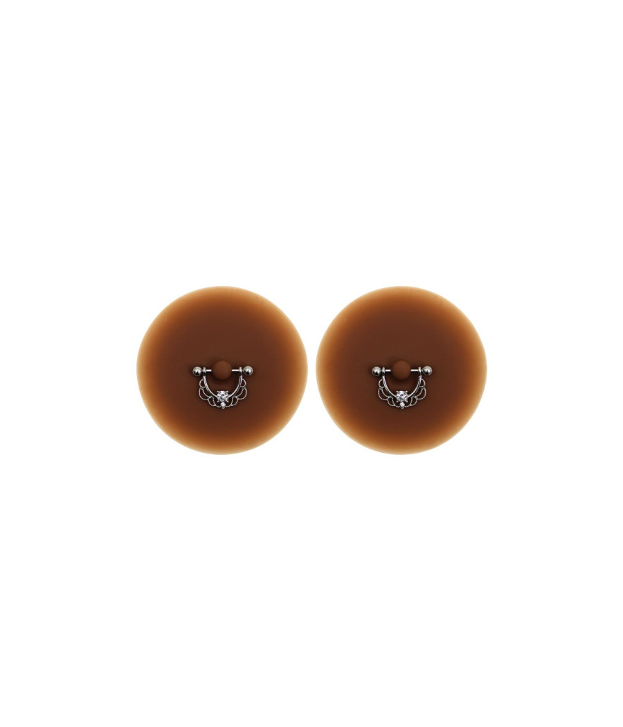 Paire de cache-tétons piercing barre demi-anneau faux diamant peau foncée 