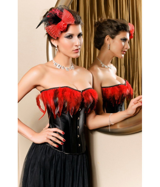 Corset Bustier Noir Glamour avec plumes Rouges Festif Chic 